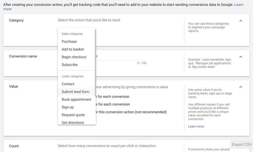 Choosing the right conversion category in Google Ads