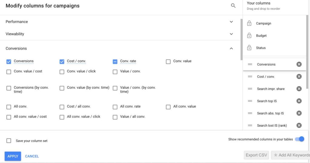 Selecting columns to view in Google Ads