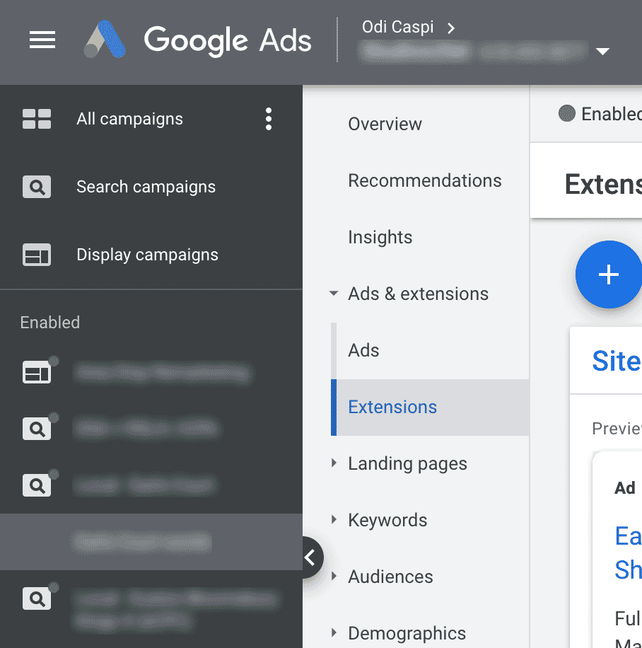 Ad extensions at campaign or adgroup levels