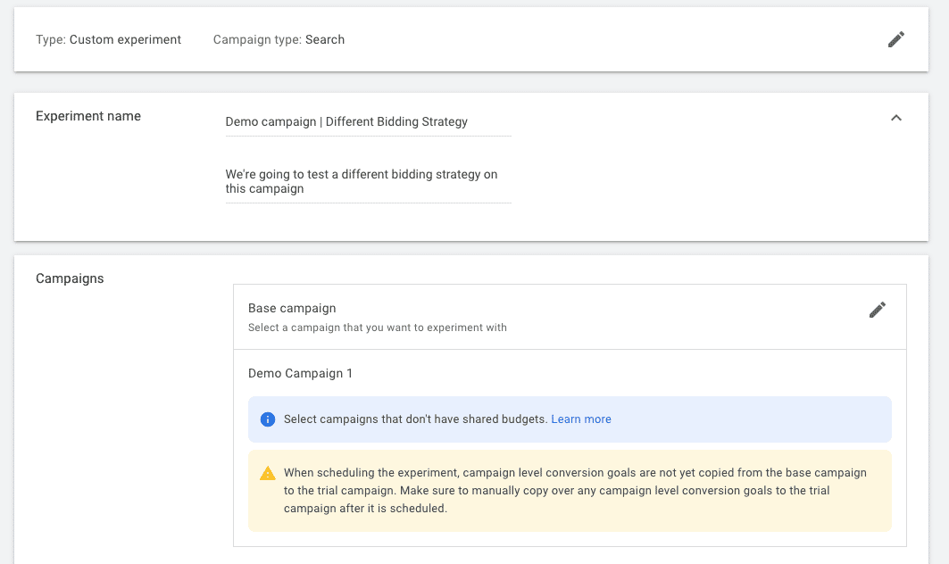 Naming a custom experiment and adding a description in Google Ads