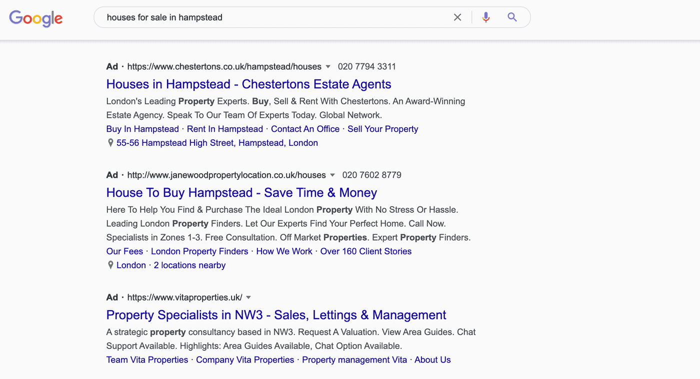 Ads on Google search results for estate agents
