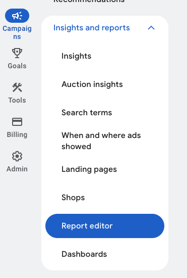 Custom report editor in Google ads