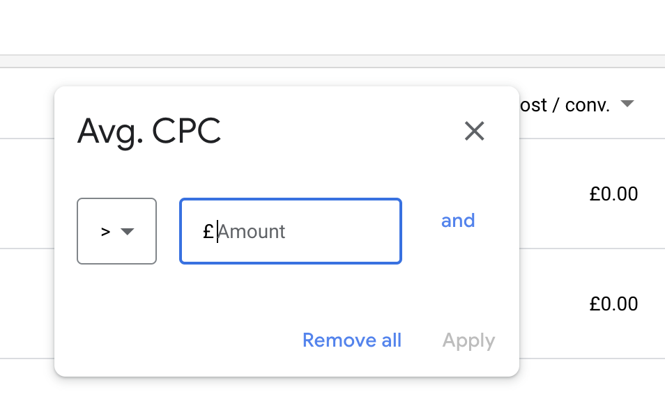 Filtering by CPC in Google ads for optimal cost per conversion. 